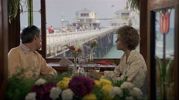 Movie still from “California Suite” (1978), directed by Herbert Ross – Two people are sitting at a table in front of a pier; Medium shot, Over the shoulder angle