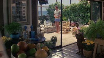 Movie still from “California Suite” (1978), directed by Herbert Ross – A woman standing in a room looking out of a sliding glass door; Wide shot, High angle