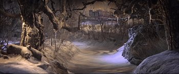 Movie still from “Camelot” (1967), directed by Joshua Logan – A snowy path in the middle of the night; Extreme Wide shot, High angle