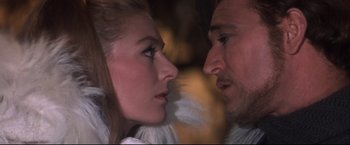 Movie still from “Camelot” (1967), directed by Joshua Logan – A man and a woman looking at each other; Close Up shot, Over the shoulder angle