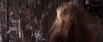 Movie still from “Camelot” (1967), directed by Joshua Logan – A woman with long brown hair standing in front of a fence; Medium shot, Over the shoulder angle
