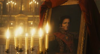 A painting of a woman in a military uniform with lit candles in the background
