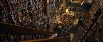 Movie still from “Can You Ever Forgive Me?” (2018), directed by Marielle Heller – A view from above of a library filled with lots of books; Extreme Wide shot, Overhead angle