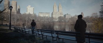 Movie still from “Can You Ever Forgive Me?” (2018), directed by Marielle Heller – A person standing on a bench near a body of water; Extreme Wide shot, Over the shoulder angle