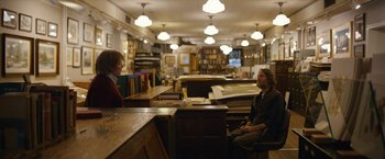 Movie still from “Can You Ever Forgive Me?” (2018), directed by Marielle Heller – Two people sitting at a counter in a store; Wide shot, Over the shoulder angle