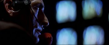 Movie still from “Capricorn One” (1977), directed by Peter Hyams – A man's face with a fake nose; Extreme Close Up shot, Low angle