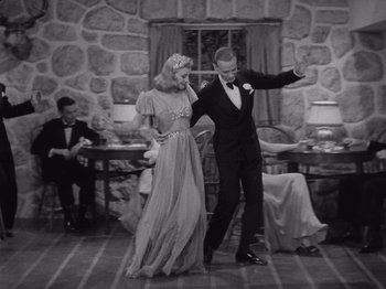 Movie still from “Carefree” (1938), directed by Mark Sandrich – A man and a woman are dancing in a room; Wide shot, High angle