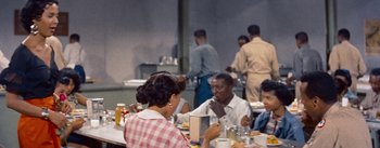 Movie still from “Carmen Jones” (1954), directed by Otto Preminger – A group of people sitting at a table eating food; Medium shot, Over the shoulder angle