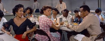 Movie still from “Carmen Jones” (1954), directed by Otto Preminger – A group of people sitting at a table eating food; Medium shot, Over the shoulder angle