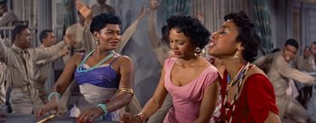 Movie still from “Carmen Jones” (1954), directed by Otto Preminger – A group of people dancing in a room; Medium shot, High angle
