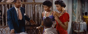 Movie still from “Carmen Jones” (1954), directed by Otto Preminger – A group of people standing around a table; Medium shot, Over the shoulder angle