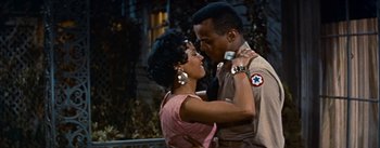 Movie still from “Carmen Jones” (1954), directed by Otto Preminger – A man and a woman are dancing together; Medium shot, Low angle