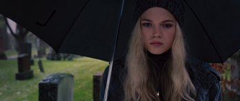 Movie still from “Carrie” (2013), directed by Kimberly Peirce – A woman holding an umbrella in the rain; Close Up shot, Low angle