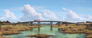 Movie still from “Cars 3” (2017), directed by Brian Fee – An illustration of a bridge over a body of water; Extreme Wide shot, High angle