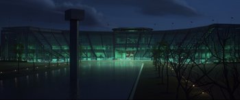 Movie still from “Cars 3” (2017), directed by Brian Fee – An empty swimming pool in front of an empty stadium at night; Extreme Wide shot, High angle