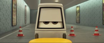 Movie still from “Cars 3” (2017), directed by Brian Fee – The face of a toy truck; Close Up shot, Low angle