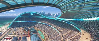 Movie still from “Cars 3” (2017), directed by Brian Fee – An aerial view of a stadium with a lot of fans; Extreme Wide shot, High angle