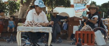 Movie still from “Cartel Land” (2015), directed by Matthew Heineman – A man sitting on a bench looking at his cell phone; Wide shot, Over the shoulder angle