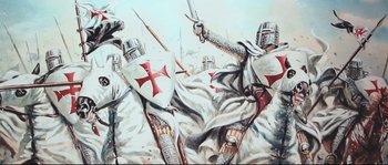 Movie still from “Cartel Land” (2015), directed by Matthew Heineman – A painting of knights in armor holding swords and holding shields; Medium shot, Low angle