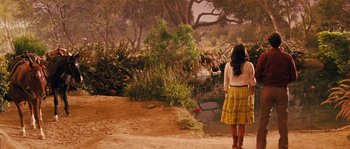 Movie still from “Casa de mi Padre” (2012), directed by Matt Piedmont – A woman standing in front of some bushes and a pond; Wide shot, Over the shoulder angle