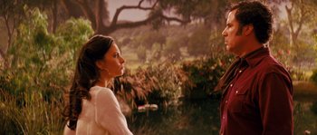 Movie still from “Casa de mi Padre” (2012), directed by Matt Piedmont – Two people standing next to each other in front of a body of water; Medium shot, Over the shoulder angle