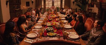 Movie still from “Casa de mi Padre” (2012), directed by Matt Piedmont – A group of people sitting around a long table with food; Wide shot, High angle
