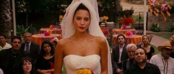 Movie still from “Casa de mi Padre” (2012), directed by Matt Piedmont – A woman in a wedding dress and veil; Close Up shot, Over the shoulder angle