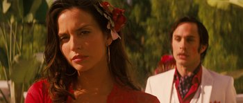 Movie still from “Casa de mi Padre” (2012), directed by Matt Piedmont – A beautiful woman with a flower in her hair; Close Up shot, Over the shoulder angle