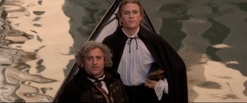Movie still from “Casanova” (2005), directed by Lasse Hallström – Two men dressed up in historical clothing; Medium shot, High angle