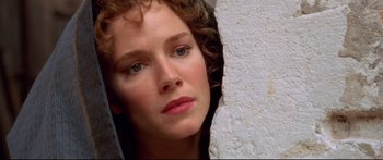 Movie still from “Casanova” (2005), directed by Lasse Hallström – A woman's face in front of a white wall; Close Up shot, High angle