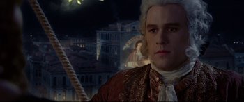Movie still from “Casanova” (2005), directed by Lasse Hallström – A person wearing a suit and tie; Close Up shot, Low angle