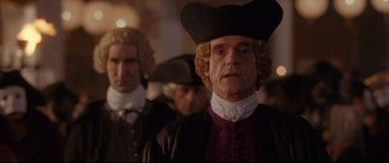 Movie still from “Casanova” (2005), directed by Lasse Hallström – A group of men in period dress standing next to each other; Medium shot, Over the shoulder angle