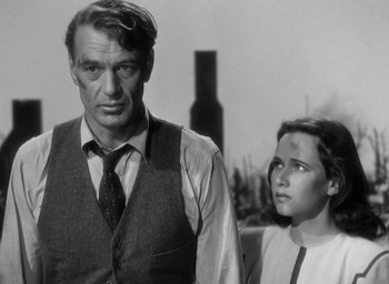 Movie still from “Casanova Brown” (1944), directed by Sam Wood – A man standing next to a young girl; Close Up shot, Over the shoulder angle