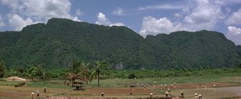 Movie still from “Casualties of War” (1989), directed by Brian De Palma – A view of a field with a mountain in the background; Extreme Wide shot, High angle