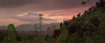 Movie still from “Casualties of War” (1989), directed by Brian De Palma – A man standing on top of a lush green hillside; Extreme Wide shot, Low angle