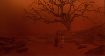 Movie still from “Cat People” (1982), directed by Paul Schrader – Two people standing in front of a tree in a red sky; Extreme Wide shot, Low angle