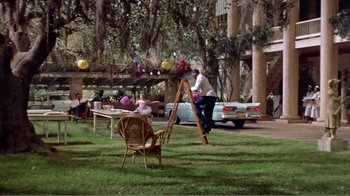 Movie still from “Cat on a Hot Tin Roof” (1958), directed by Richard Brooks – A man standing in the grass next to an easel; Wide shot, High angle