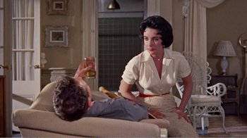 Movie still from “Cat on a Hot Tin Roof” (1958), directed by Richard Brooks – A woman sitting next to a man holding a glass; Medium shot, Over the shoulder angle