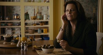 Movie still from “Cedar Rapids” (2011), directed by Miguel Arteta – A woman sitting at a table in front of a bowl of food; Medium shot, Over the shoulder angle