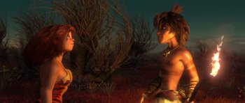 Movie still from “The Croods” (2013), directed by Chris Sanders – Medium shot, Over the shoulder angle