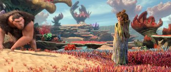 Movie still from “The Croods” (2013), directed by Chris Sanders – Wide shot, Over the shoulder angle