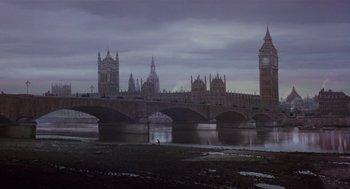 Movie still from “Chaplin” (1992), directed by Richard Attenborough – A view of a bridge and a city at night; Extreme Wide shot, Low angle