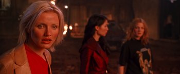 Movie still from “Charlie's Angels” (2000), directed by McG – Three women in red jackets standing next to each other; Close Up shot, Over the shoulder angle