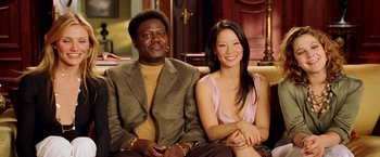 Movie still from “Charlie's Angels: Full Throttle” (2003), directed by McG – A man and a woman sitting next to each other on a couch; Medium shot, High angle