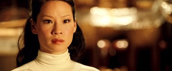 Movie still from “Charlie's Angels: Full Throttle” (2003), directed by McG – A person wearing a white shirt; Close Up shot, Low angle