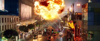 Movie still from “Charlie's Angels: Full Throttle” (2003), directed by McG – An explosion in a busy city with a bunch of cars on the road; Extreme Wide shot, High angle