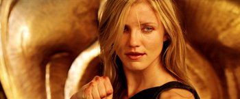 Movie still from “Charlie's Angels: Full Throttle” (2003), directed by McG – A person with long hair; Close Up shot, Low angle