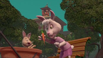 Movie still from “Chicken Little” (2005), directed by Mark Dindal – An animated rabbit holding a carrot next to a dog; Medium shot, High angle