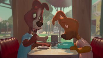 Movie still from “Chicken Little” (2005), directed by Mark Dindal – Two cartoon dogs sitting at a dinner table; Medium shot, High angle