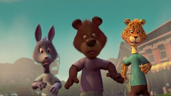 Movie still from “Chicken Little” (2005), directed by Mark Dindal – A group of cartoon characters standing next to each other; Medium shot, Low angle